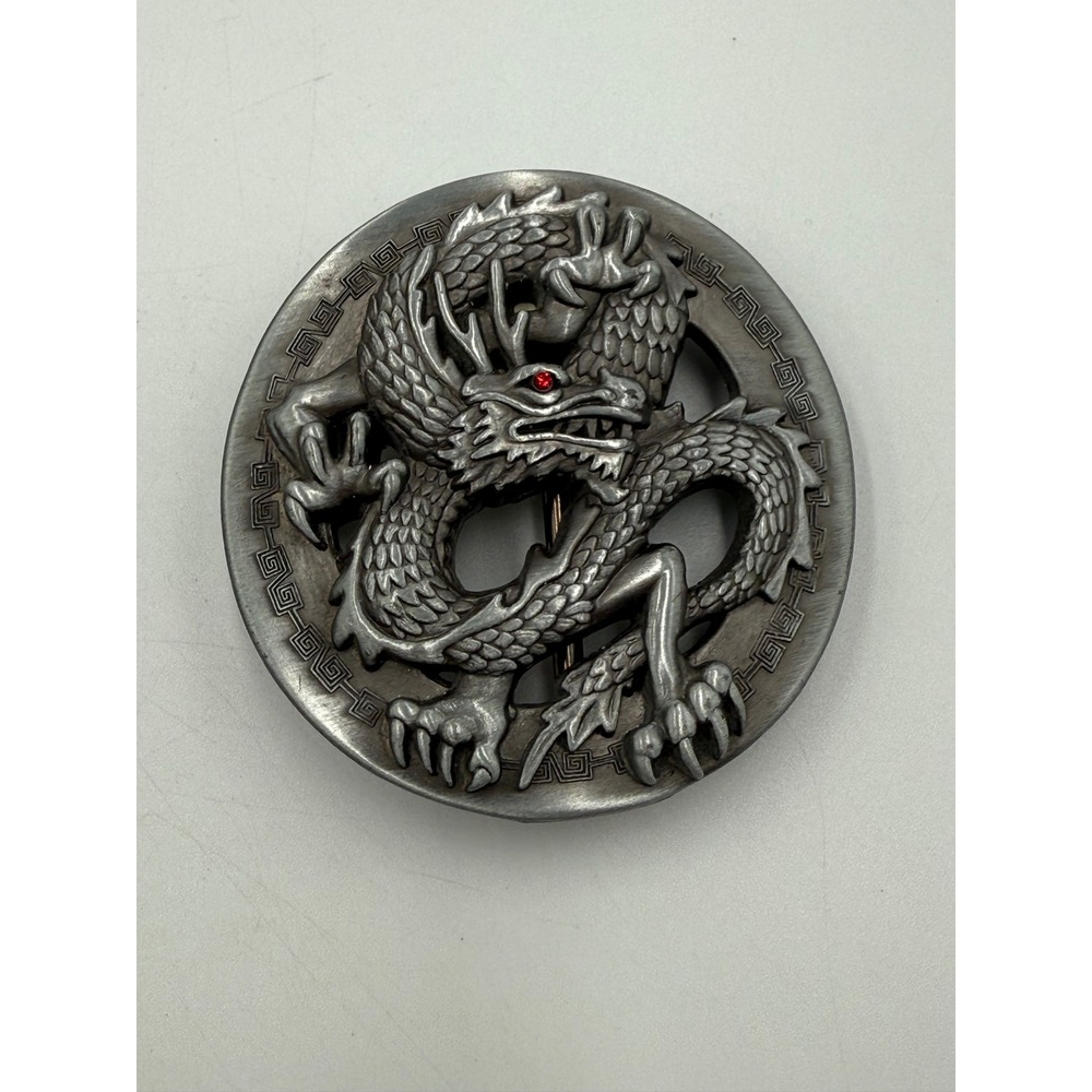 Vintage 2005 SMC LLC Dragon Belt Buckle Red Eye Pewter Tone Round Chinese Style